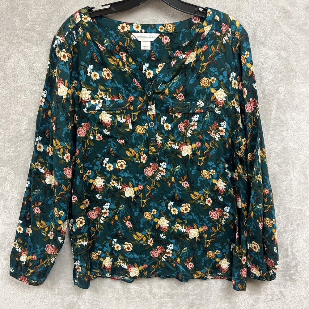 Christopher & Banks Cottagecore Top Women's L Green Floral Victorian Fairy Rayon